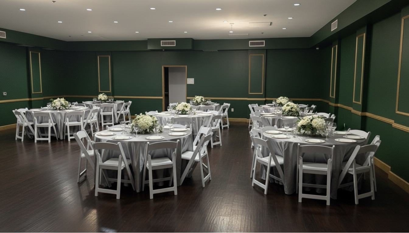 Elegant event setup with round tables, white chairs and linens